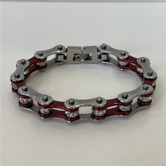 Silver and Gloss Brick Red Color Stainless Steel Bike Chain Bracelet with Stones - Picture 1 of 6